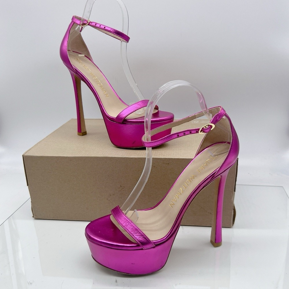 Stuart Weitzman Nudistcurve Hollywood Platform Sandals Gunmetal Pink US 7.5 $550
